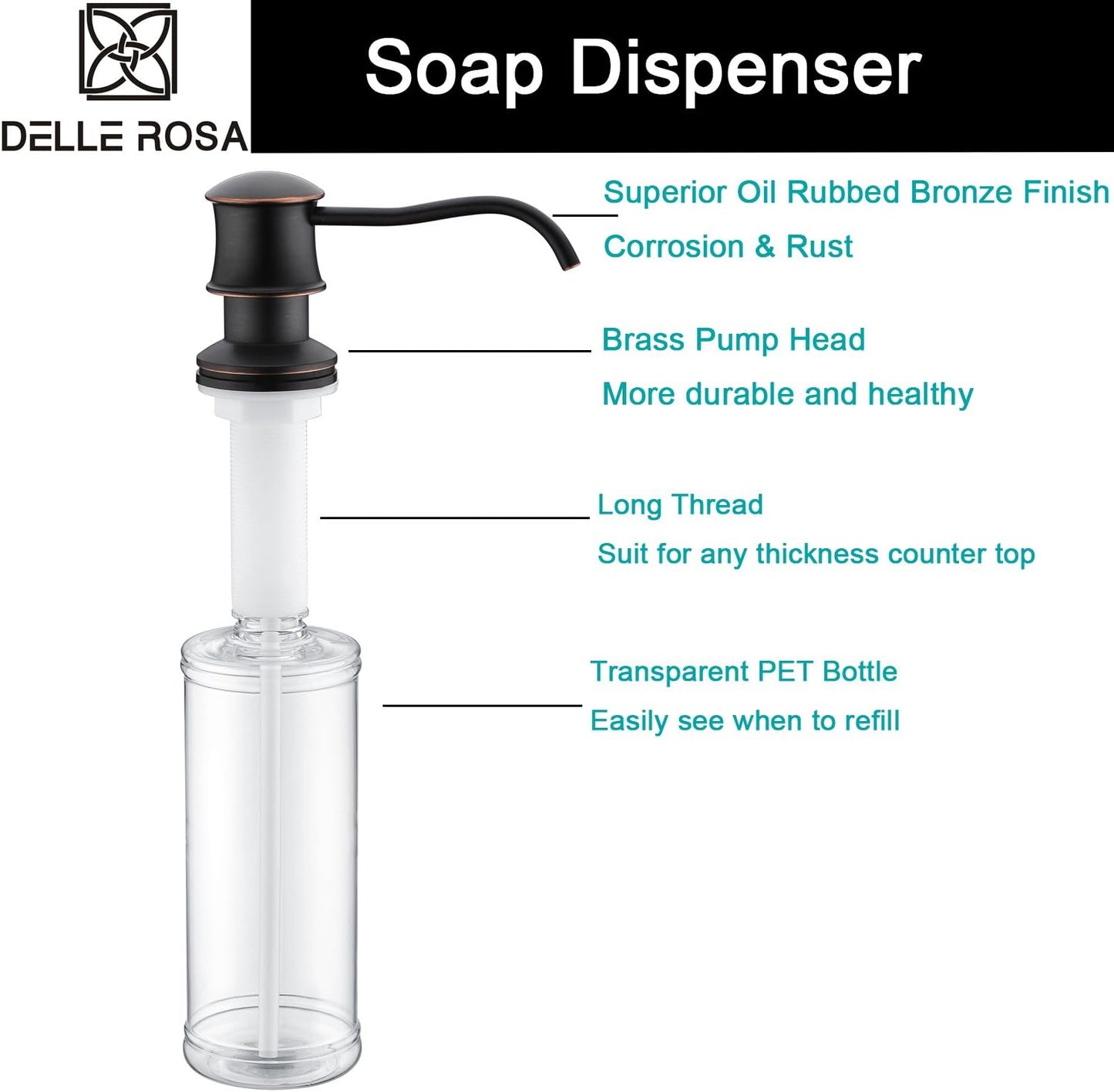 Delle Rosa Soap Dispenser, Liquid Soap Dispensers for Kitchen Sink, Brass Head Kitchen Sink Soap Dispenser Soap or Lotion Pump Dispenser Oil Rubbed Bronze, 11oz/320ml