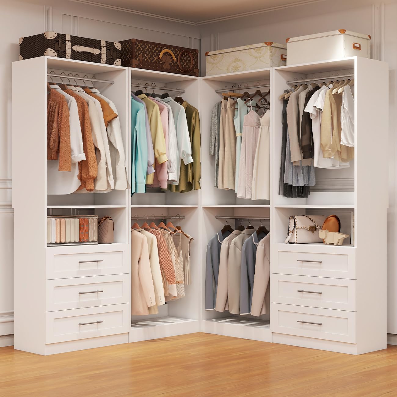 Closet System with 4 Sets, 8FT Closet Organizer Systems with 6 Wooden Drawers & 10 Hanging Rods, Walk in Closet Standalone Corner Closet System Modular Closet System Set White (8FT)