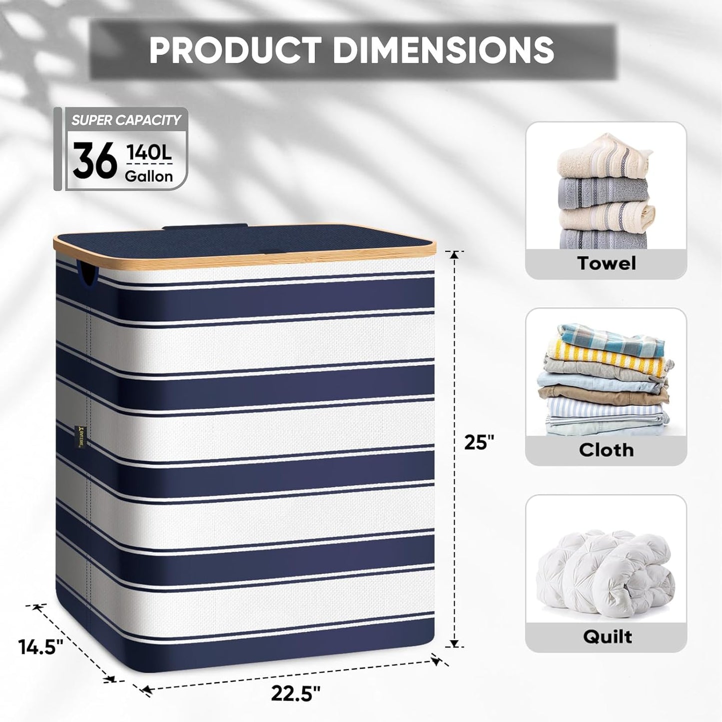 BALEINE Laundry Hamper with Lid, Tall Laundry Baskets with Bamboo Pull Handles, Large Laundry Bin with Internal Support (36 Gal/140L, Blue Stripe)