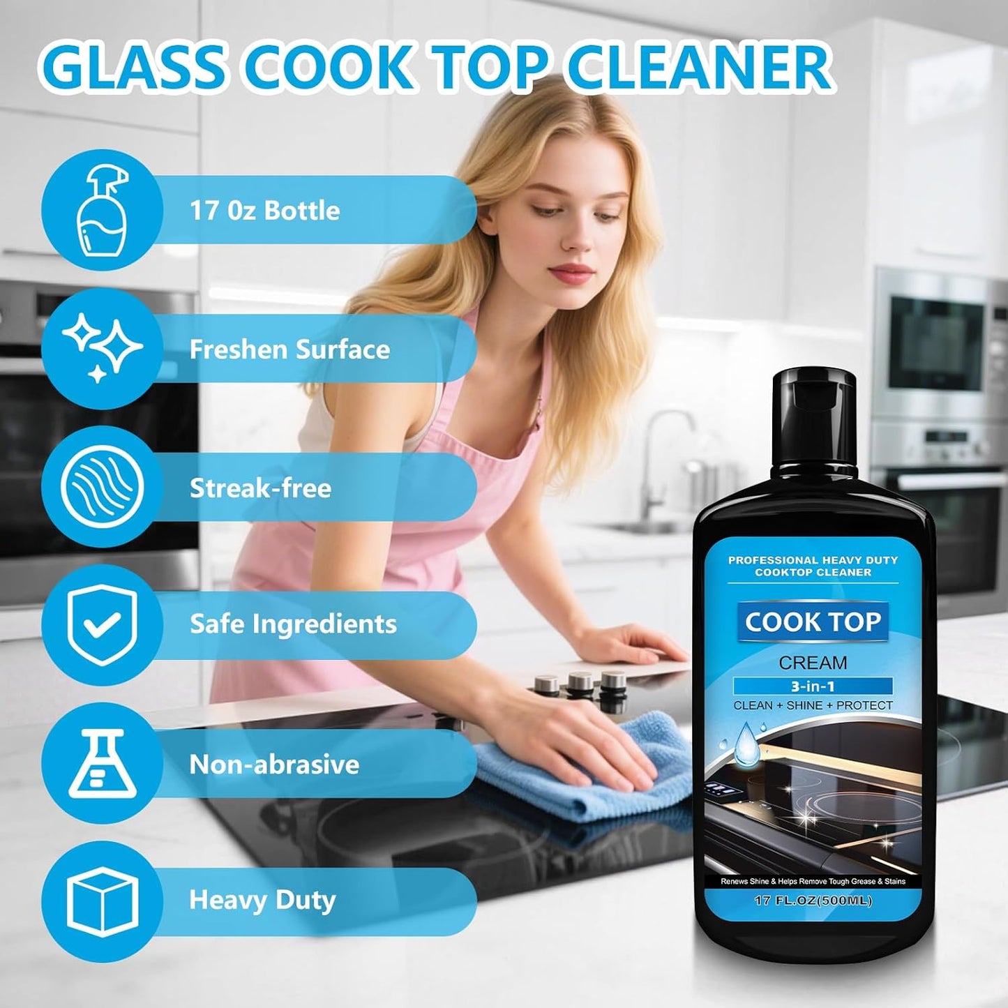 Cooktop and Stove Top Cleaner Kit, Glass Cooktop Cleaner Combo Kit with Razor, Scraper, Scrubbing Pad Removes Tough Stains, Stovetop Cleaner for Glass and Ceramic Surfaces,17OZ