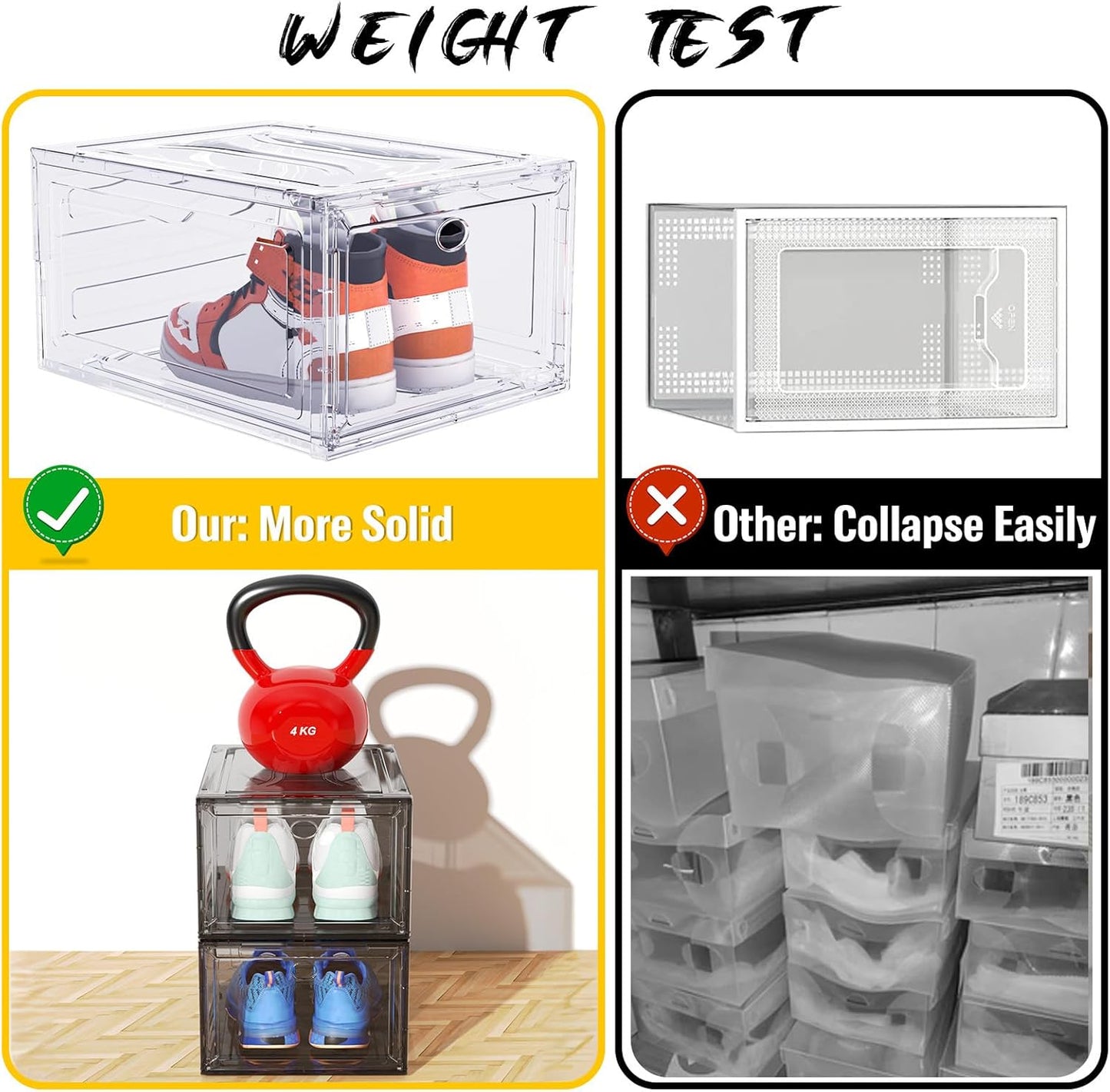 Upgrade Harder Solid Plastic Shoe Organizer, Shoe Storage with Magnetic Front Door, Shoe Rack 6 Pack Shoe Boxes Clear, Sneaker Storage, Shoe Organizer for Closet, Shoe Display Case, Black