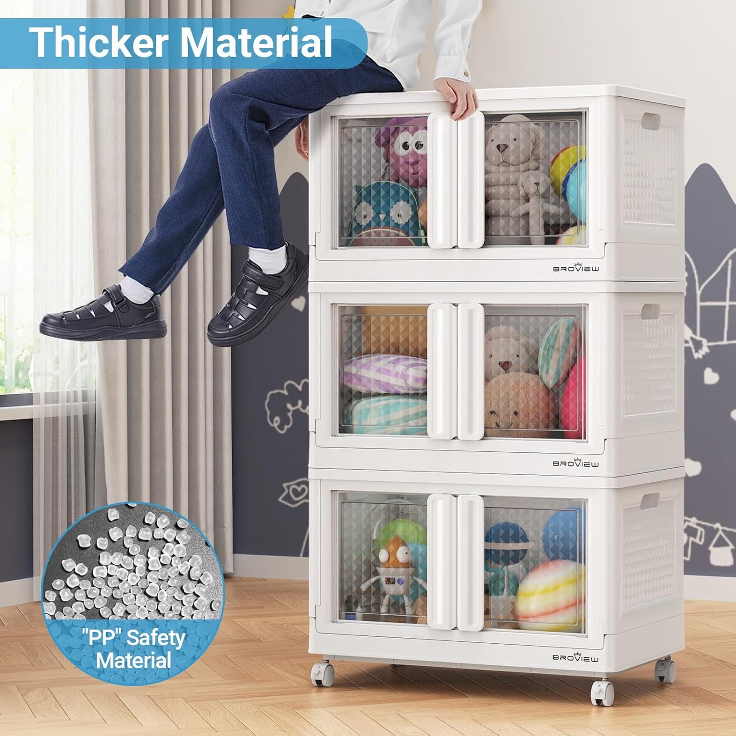 BROVIEW 300Qt Stackable Storage Bins with Lids, 75Gal Closet Organizers and Storage Drawer, Plastic Collapsible Storage Bins with Doors, Heavy Duty Store Box Cabinet for Home Kitchen, 3Pack White