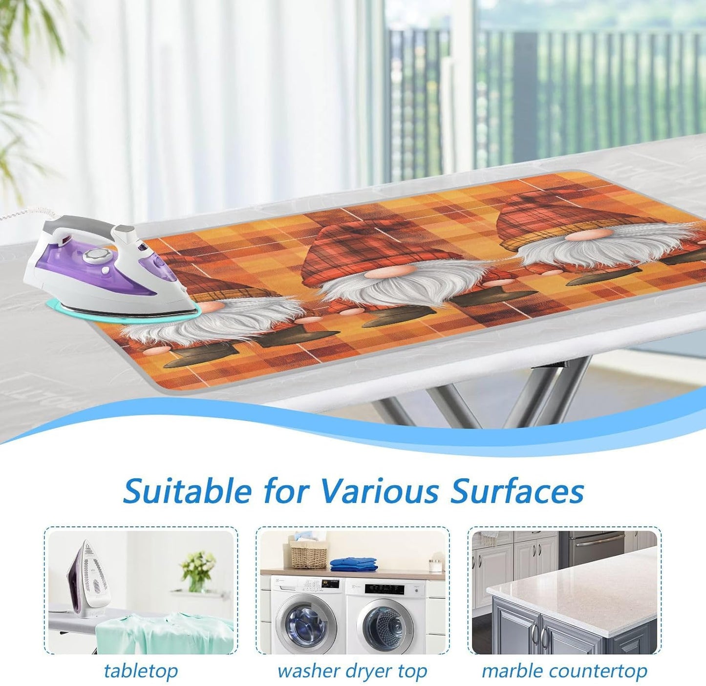 Orange Plaid Thanksgiving Gnomes Ironing Mat Thickened Ironing Blanket Travel Portable Double-Side Using Ironing Pad Travel Isolate Heat Pad Cover for Washer Dryer Table Top Countertop 27.6x47.