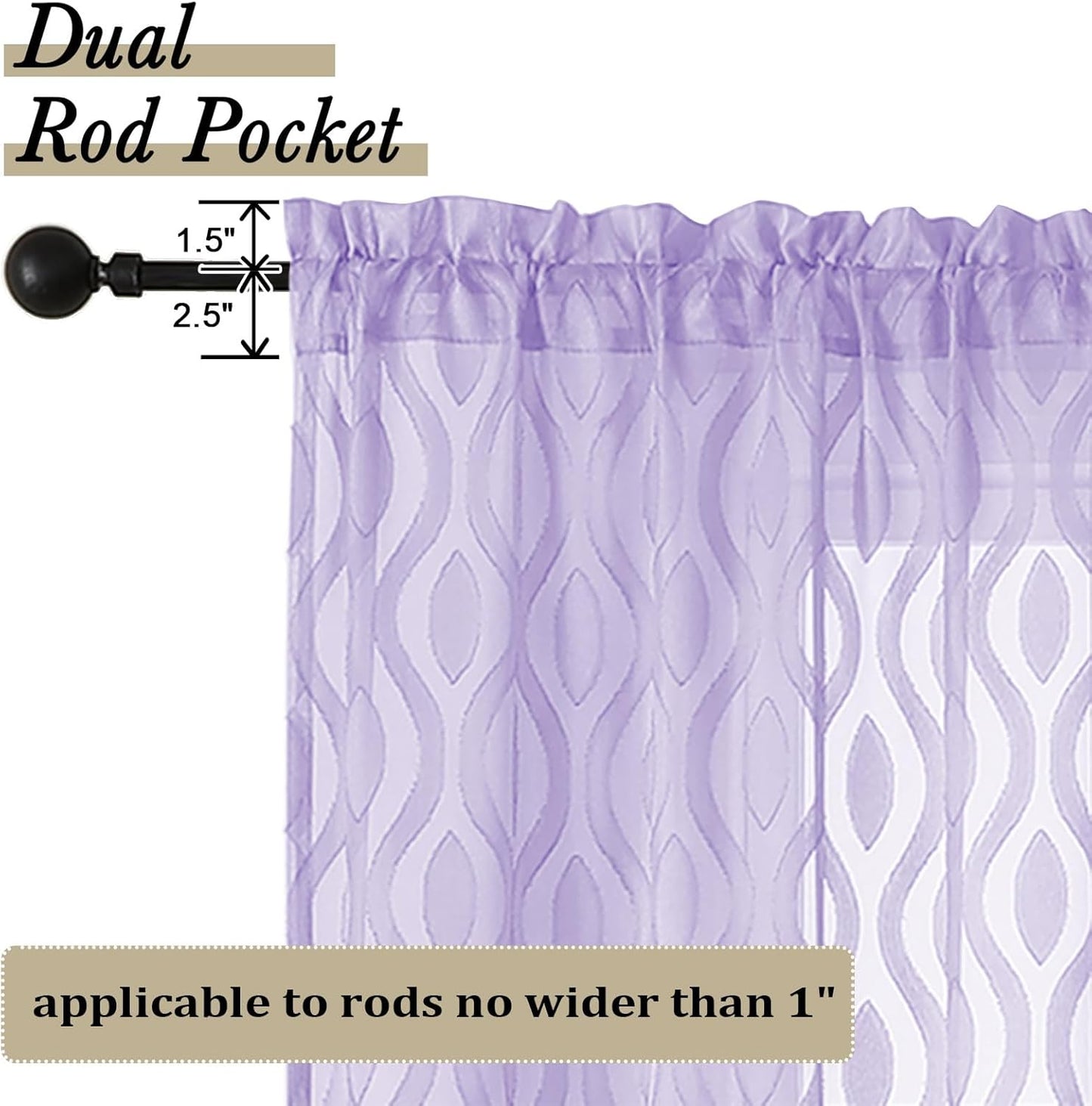 Aiyufeng Light Purple Valances for Windows, Chic Wavy Line Clip Jacquard Voile Sheer Small Window Curtain for Basement, Lightweight Rod Pocket Short Curtains for Windows, 2 PCS, 40Wx14L Inches