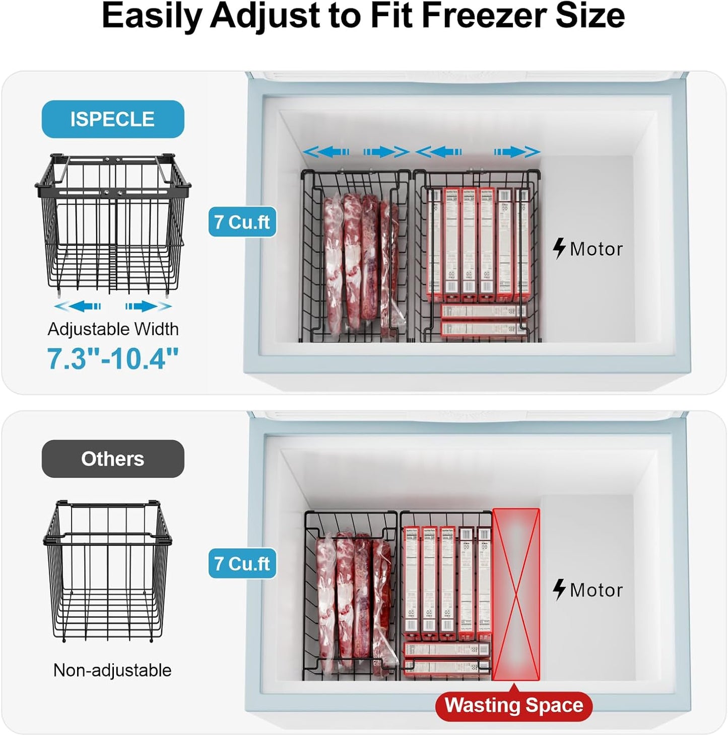 iSPECLE Freezer Organizer Bins - 3 Pack Adjustable Wider & Deeper Chest Freezer Organizer Bins for 5 to 9 Cu Ft, Extra Large & Easy Organize Basket Store More, Stackable No Wasted Space, Black