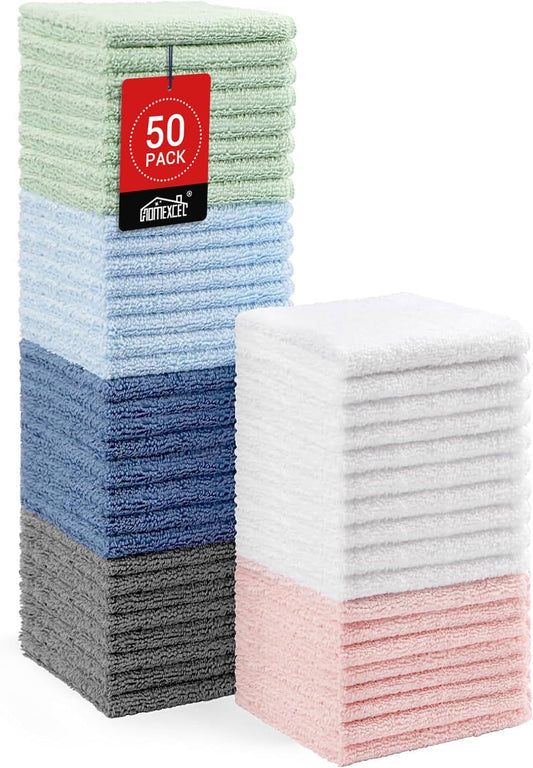 HOMEXCEL Microfiber Washcloths 50 Pack, Highly Absorbent and Soft Face Towel, Multi-Purpose Wash Cloths for Bathroom, Hotel, Spa, Gym, and Kitchen, 12x12 Inch