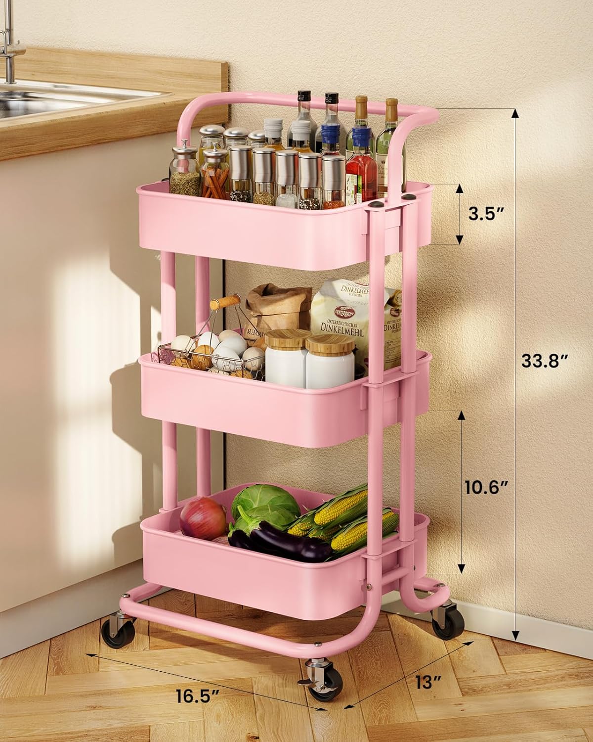 Pipishell 3 Tier Mesh Utility Cart, Rolling Metal Organization Cart with Handle and Lockable Wheels, Multifunctional Storage Shelves for Kitchen Living Room Office Pink