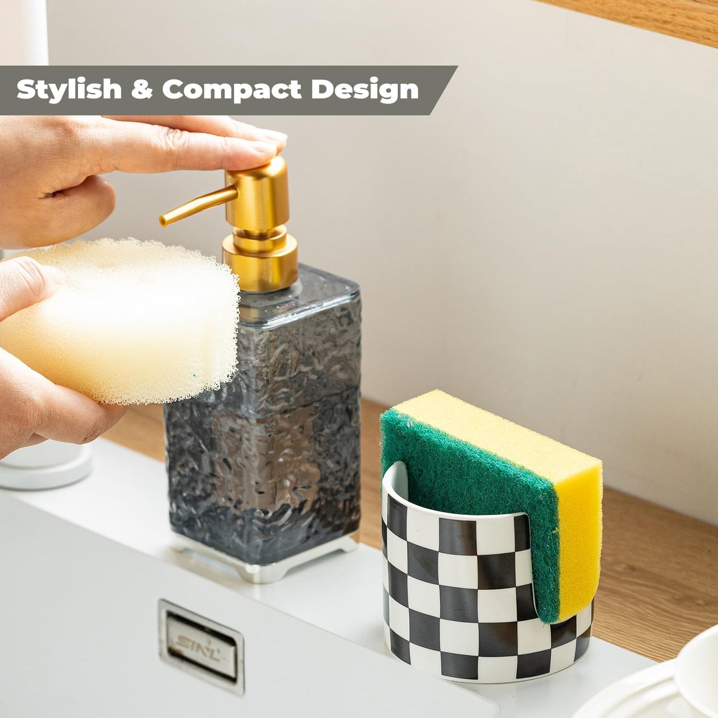 Checkered Kitchen Sink Sponge Holder, Dish Sponge Rack Ceramic Brush Holder Farmhouse Kitchen Dish Rack for Brush, Scrubbers, Bathroom, Sink, Black and White