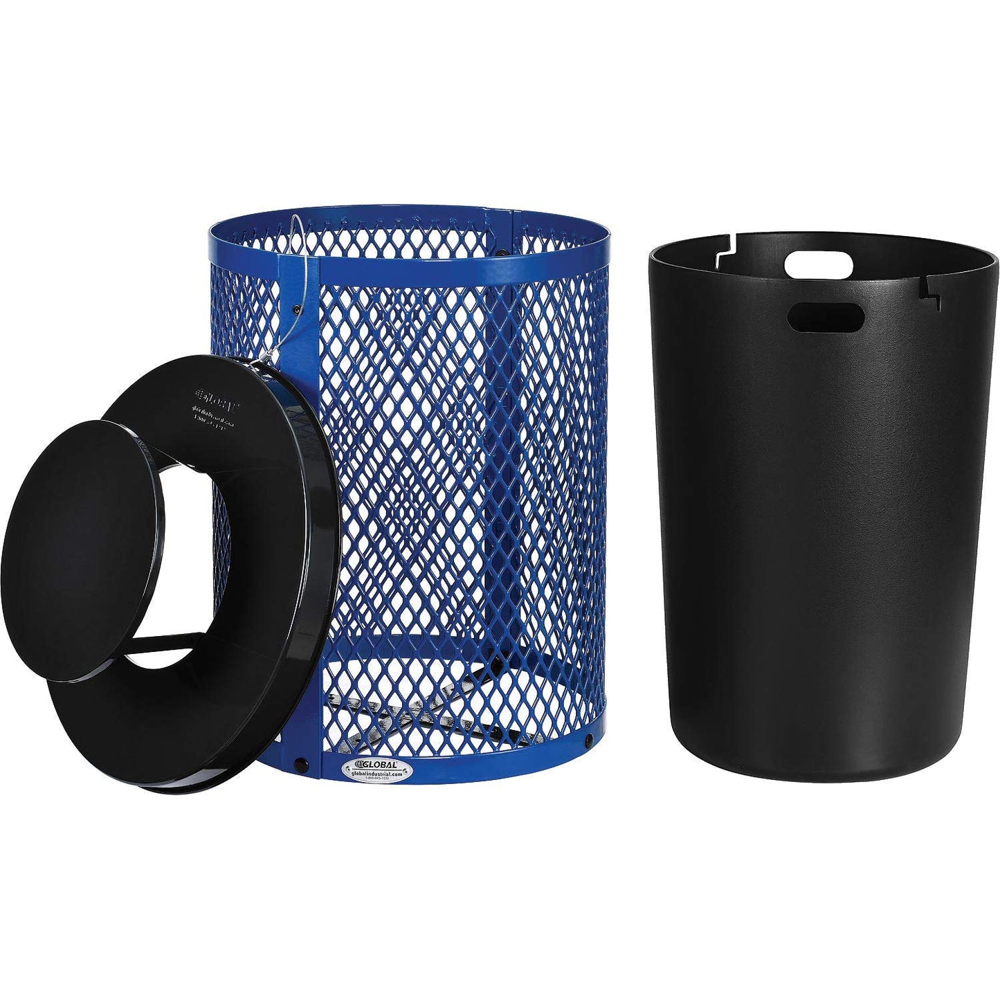 Global Industrial Outdoor Diamond Steel Trash Can with Rain Bonnet Lid and Plastic Liner, 36 Gallon Capacity, Blue, Thermoplastic Coating, 23-1/2" Diameter, 40-1/2"H