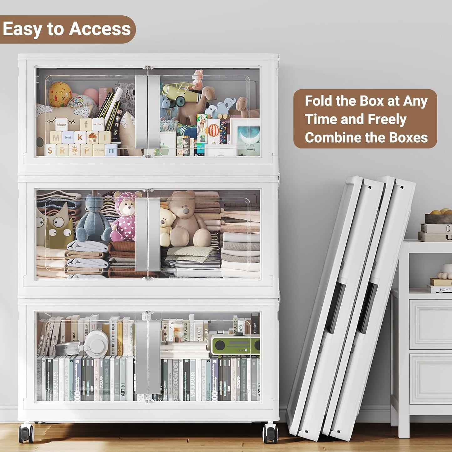 BROVIEW 800QT Stackable Storage Bins with Lids, 200Gal Extra Large Collapsible Storage Box with Wheel, Plastic Storages with Clear Door Open Front for Home Kitchen Garage, White-5pack(5 lids)