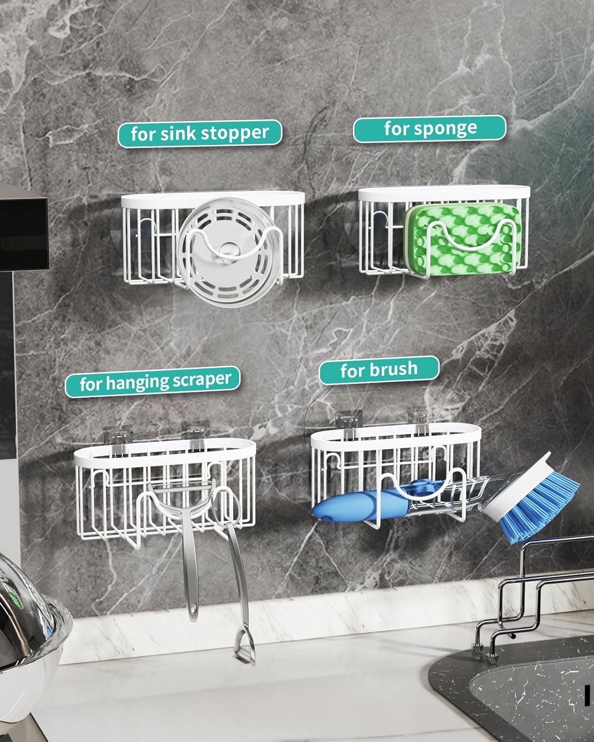 HapiRm Sponge Holder for Kitchen Sink - Sink Caddy with Unique M-Shaped, 2 Installation Methods Kitchen Organizer, Rustproof Stainless Steel Sponge Caddy - White