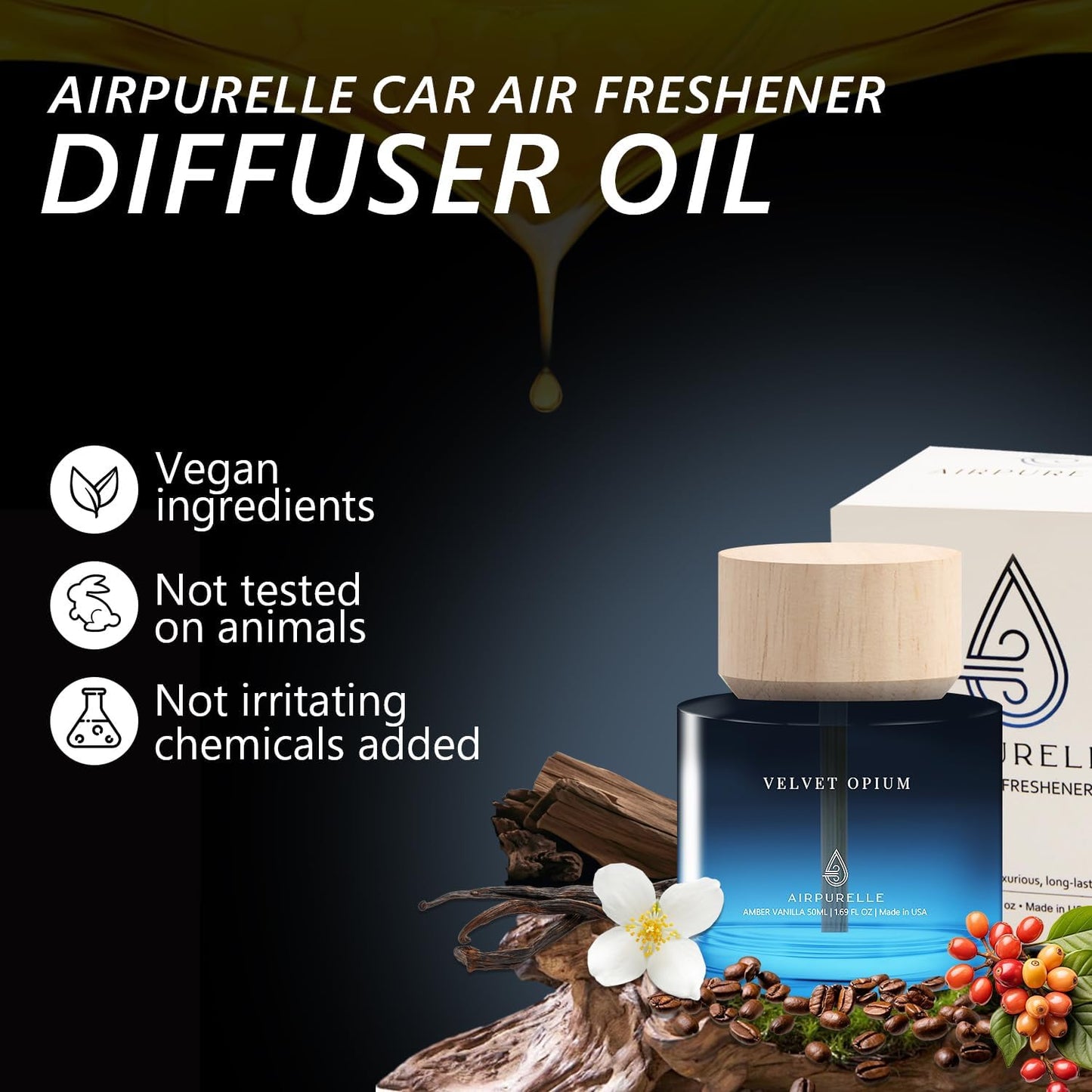 Car Air Freshener for Men & Women – Long-Lasting Amber Vanilla Essential Oil Diffuser for Car Cup Holder – 50ML (1.7 FL OZ) Car Scent Diffuser, Inspired by Perfume – Made in USA