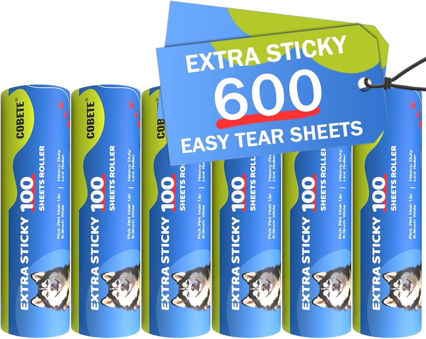 COBETE 6 Rollers Total 600 Sheets Extra Sticky Lint Roller Refills, for 6.3" Dog and Cat Lint Remover for Clothes, Couch, Furniture