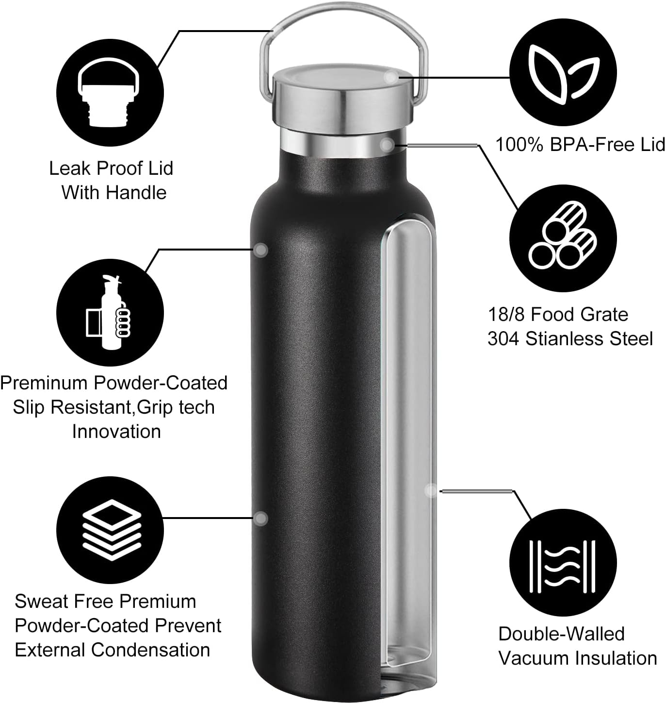 Neihepal 20 oz Insulated Water Bottles Bulk 8 Pack,Stainless Steel Double Wall Sport Bottle with Lid of Handle,Metal Reusable Flask with Cup Cap for School,Hikers,Gift (Black,Set of 8)