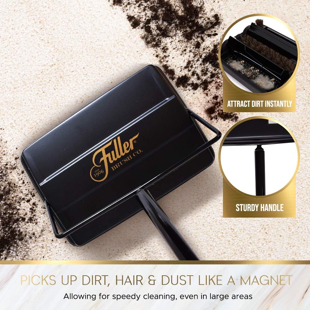 Fuller Brush Electrostatic Carpet & Floor Sweeper with Additional Rubber Rotor - 9" Cleaning Path - Lightweight - Ideal for Crumby & Wet Messes - Works On Carpets & Hard Floor Surfaces (Black)