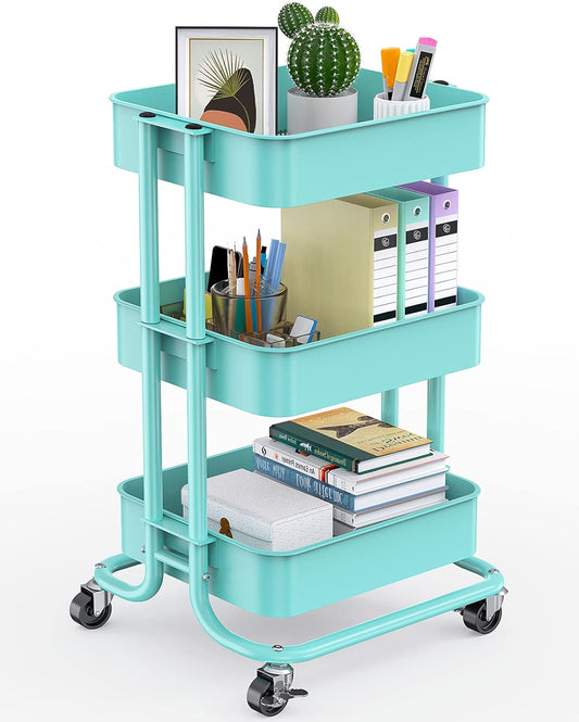 Pipishell 3-Tier Metal Rolling Utility Cart, Heavy-Duty Storage Cart with 2 Lockable Wheels, Multifunctional Mesh Organization Cart for Kitchen Dining Room Living Room (Turquoise)