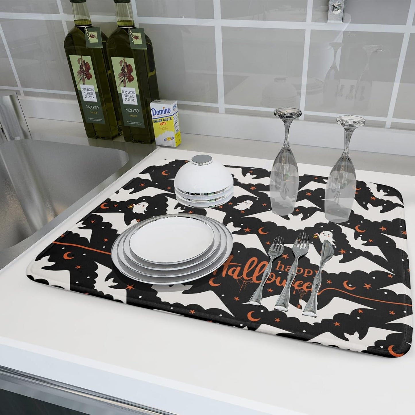 Halloween Black Bats Dish Drying Mat 16x18 Inch Happy Halloween Spooky Bat Microfiber Drying Mat for Dishes Absorbent Fast Dry Dish Rack Mat Drainer Pad Kitchen Decor Accessories for Halloween
