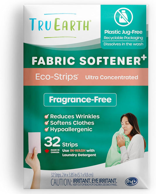 Tru Earth Fabric Softener Strips for Washing Machine, Alternative to Fabric Softener Liquid and Pods, Unscented Fragrance Free, Up to 64 Loads Per 32-Count