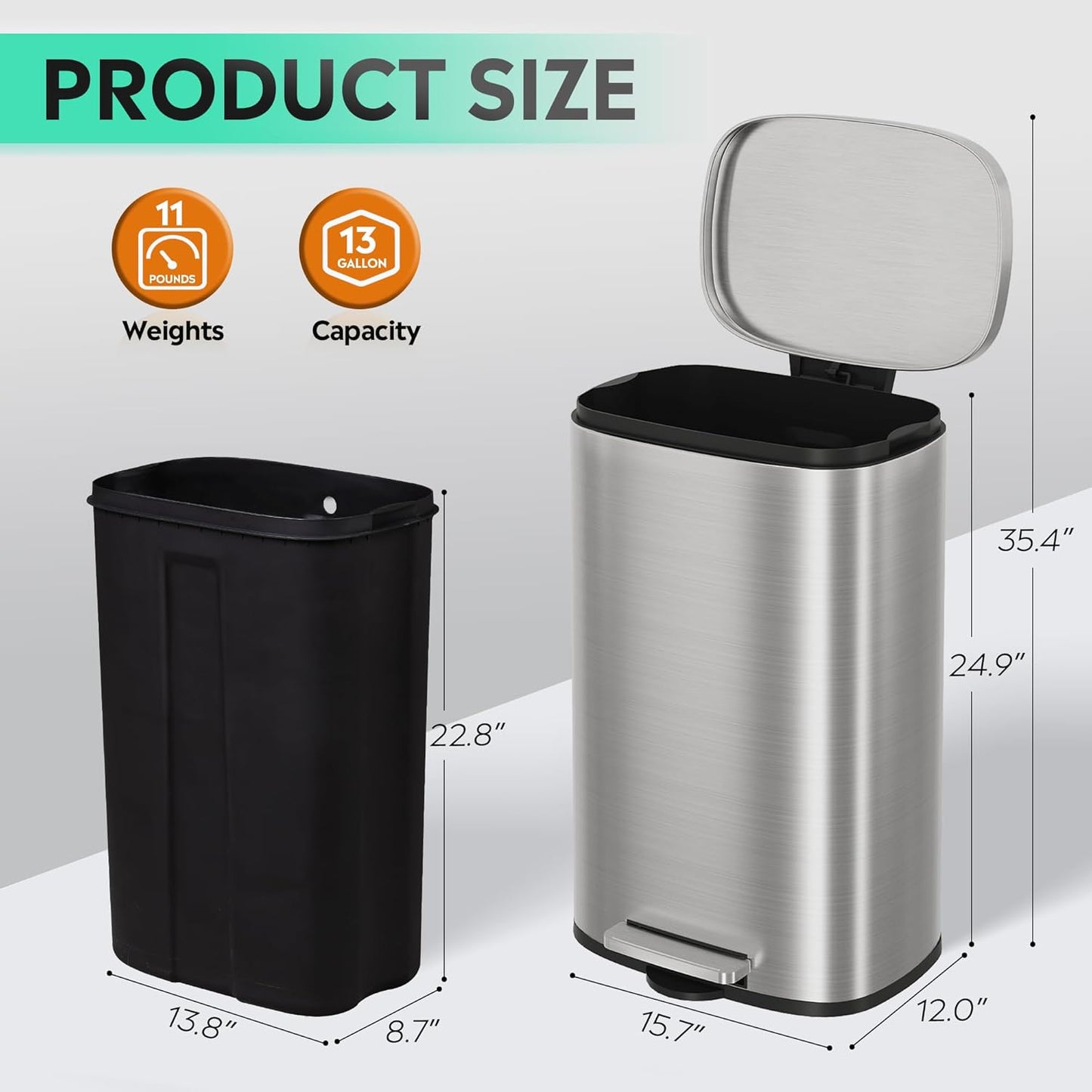 WLIVE 13 Gallon Stainless Steel Trash Can with Inner Bucket, Kitchen Garbage Can with Lid, 50L Soft Close Step Trash Can with Metal Foot for Home, Kitchen, Laundry Room, Office, Silver