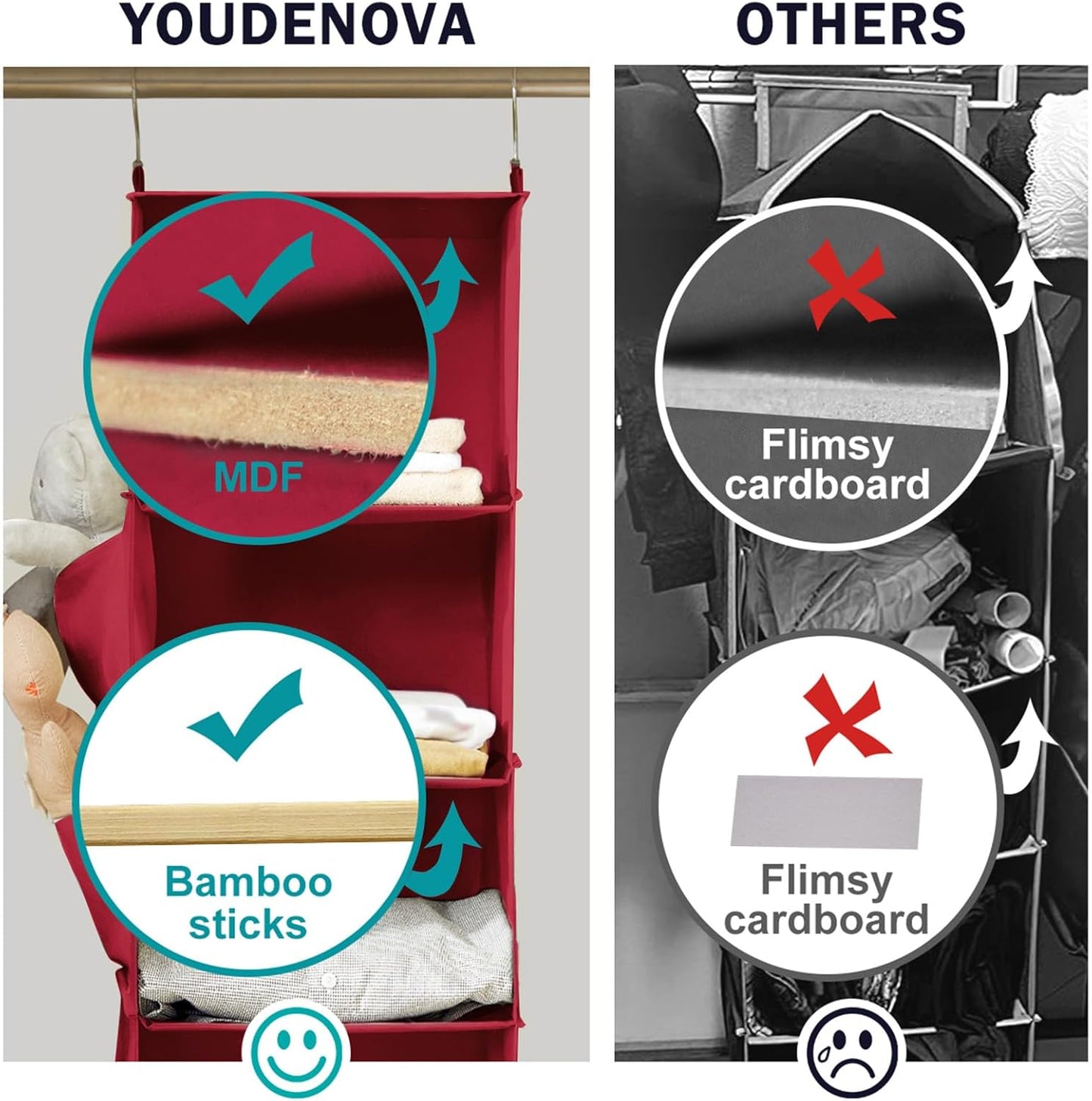 YOUDENOVA Hanging Closet Organizer and Storage, 6-Shelf Closet Hanging Storage Shelves, Dark Red