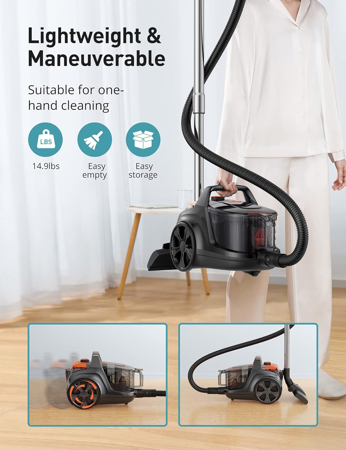 Aspiron Canister Vacuum, Upgraded 1600W Bagless Canister Vacuum Cleaner, Auto Cord Rewind, H13 HEPA Filter, 3.7Qt Large Capacity, 5 Tools for Hard Floors, Carpet, Pet, Upholstery, Tiles, Persimmon