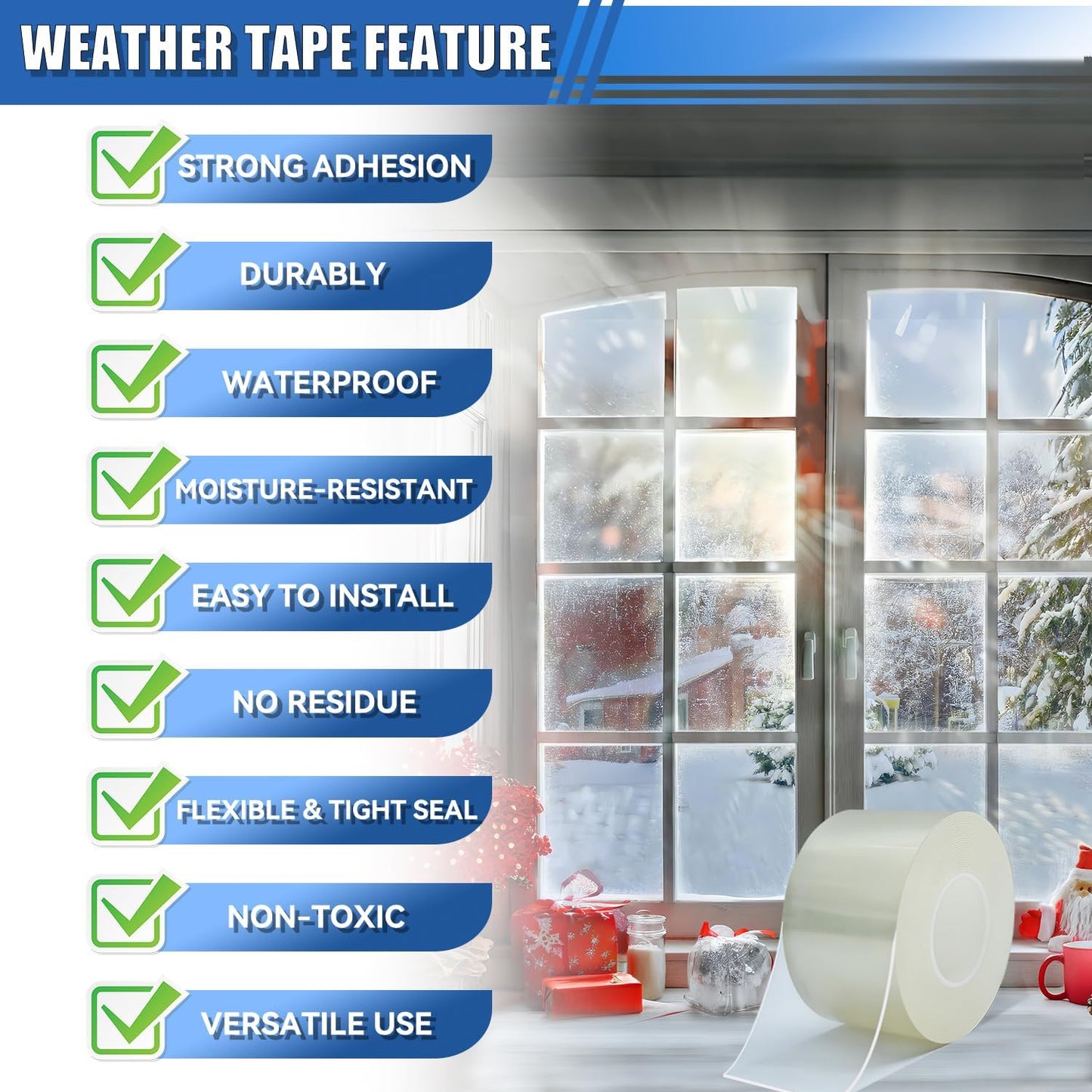 Window Weather Sealing Tape 3 in x 66 FT Weather Stripping Weatherproof Draft Stopper Clear Window Insulation Tape for Doors Windows Garages RVs Energy Saving Kit