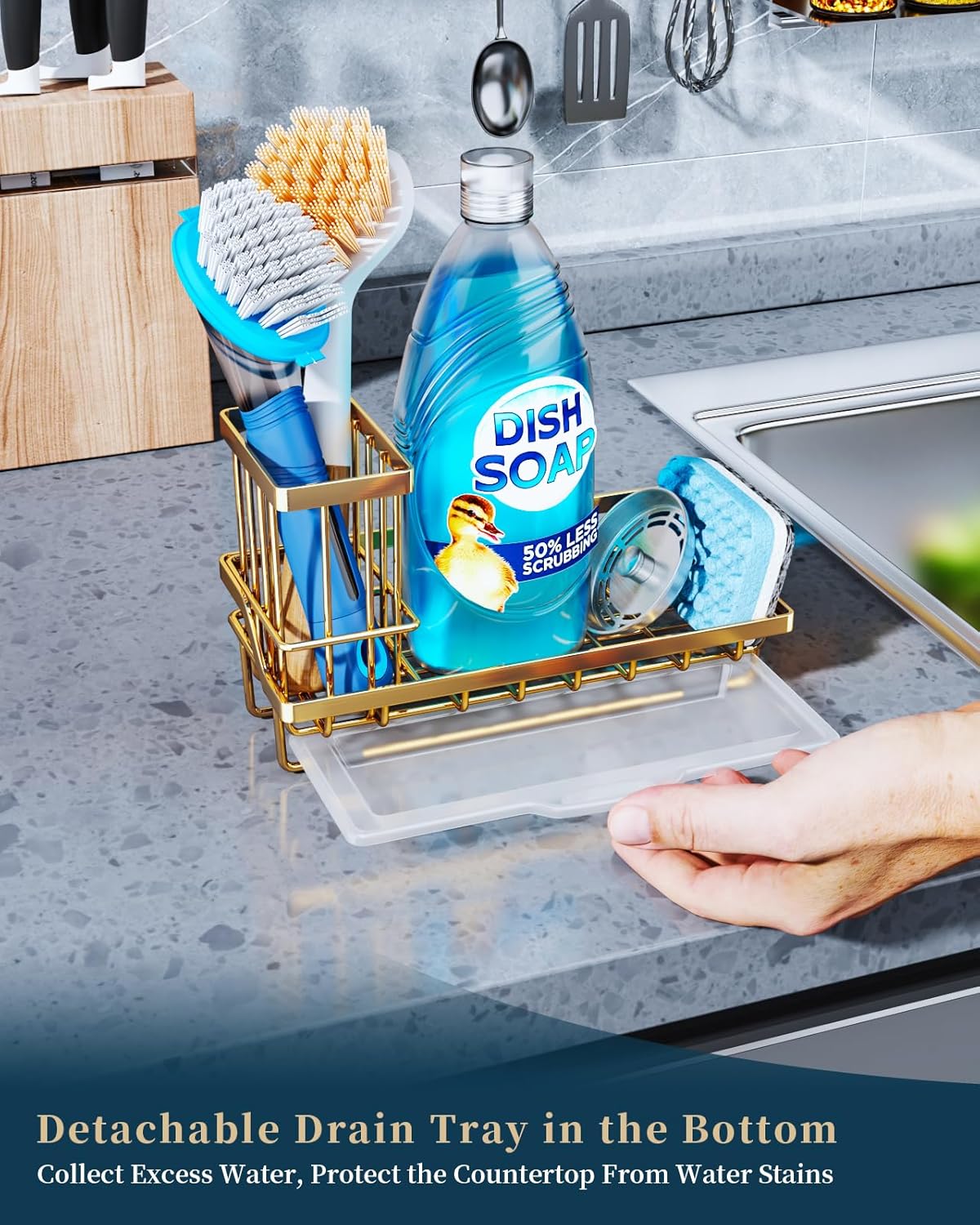 Consumest Sink Caddy, Kitchen Sponge Holder with Dish Brush Holder, Kitchen Sink Organizer with Drip Tray for Countertop, Stainless Steel Rustproof - Gold