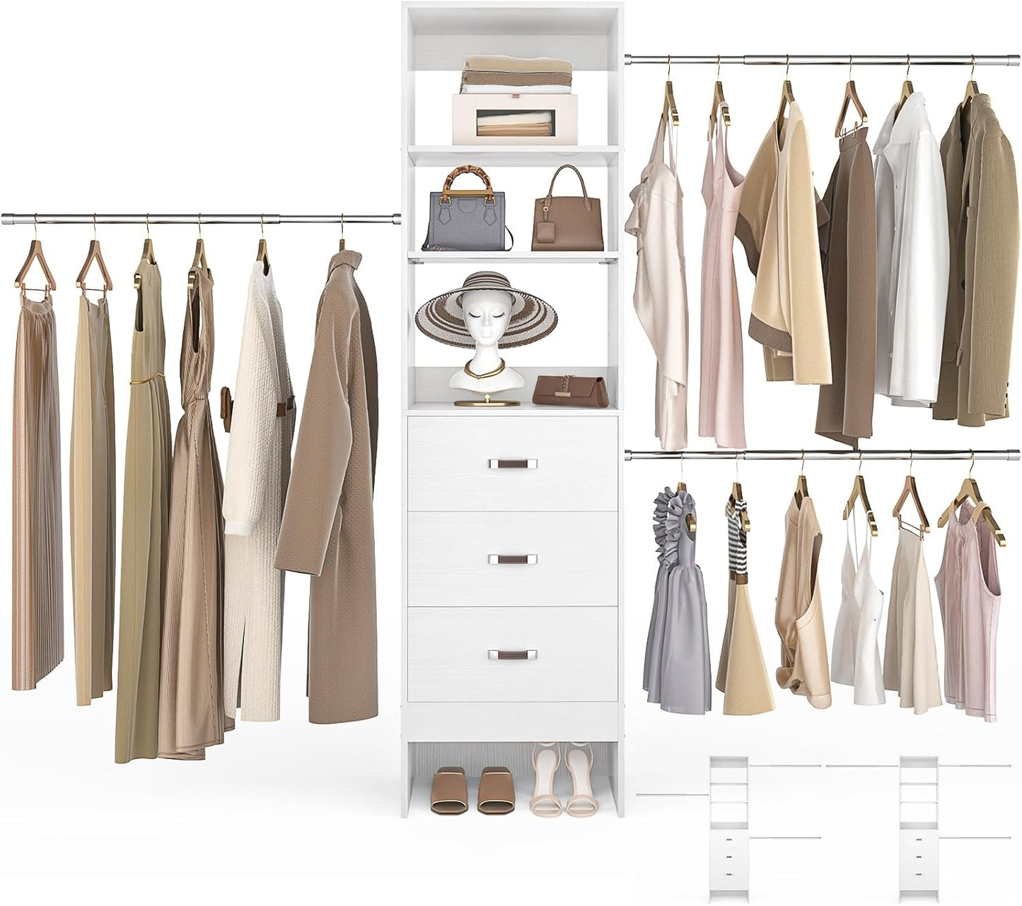 96'' Closet Organizer System with 3 Hanging Rods (Without 3 Storage Shelves), 8FT Closet Systems, Wall Mount Bedroom Wardrobe with 3 Wood Drawers, Adjustable Garment Rack from 5 to 8FT, White