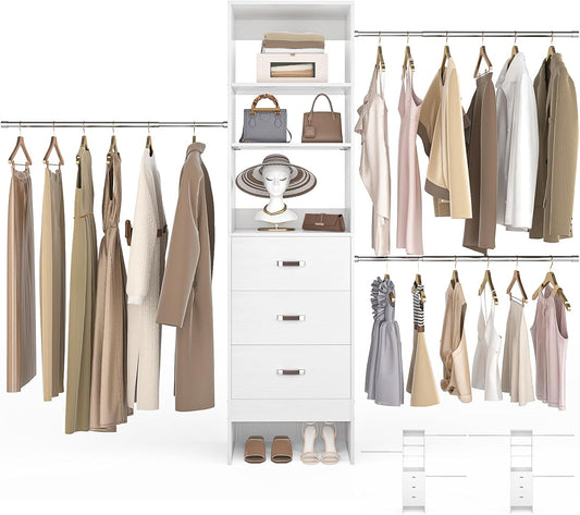 96'' Closet Organizer System with 3 Hanging Rods (Without 3 Storage Shelves), 8FT Closet Systems, Wall Mount Bedroom Wardrobe with 3 Wood Drawers, Adjustable Garment Rack from 5 to 8FT, White