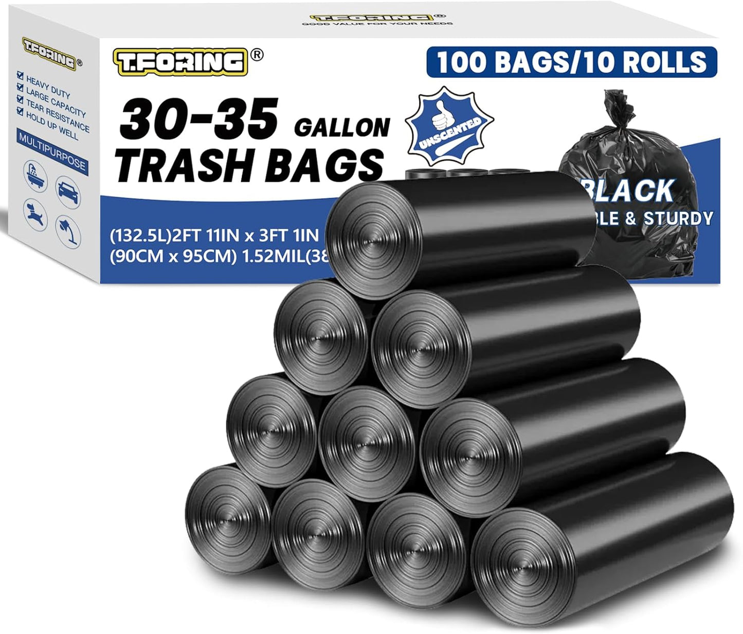 30-35 Gallon Trash Bags Heavy Duty 1.5 Mil - 35" x 37" 100 Count Large Black Garbage Bags 30+ Gallon Strong Plastic Trash Can Liners for Home Kitchen Commercial Lawn and Leaf