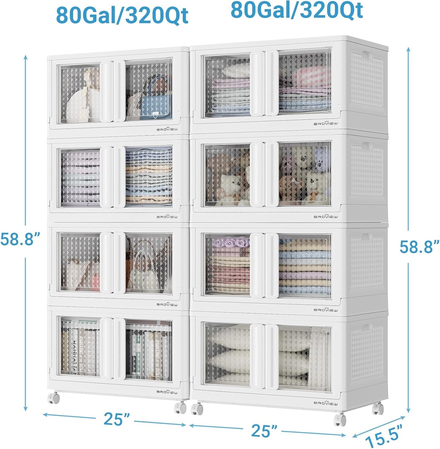 BROVIEW 160Gal Stackable Storage Bins with Lids & Wheels, 640Qt Plastic Collapsible Closet Organizer and Storage Drawers, Storage Boxes Cabinets for Home, Office, 8 Pack, White