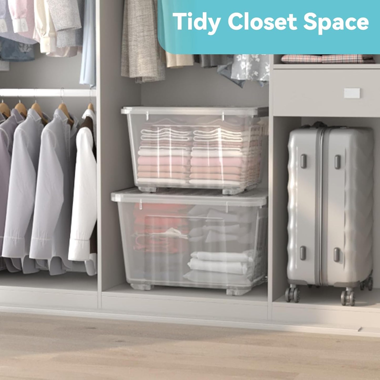 Nazhura 97 Quart Plastic Storage Bin, Stackable and Nestable Storage Boxes with Lids and Secure Latching Buckles, Large Storage Container (Clear, 97Quart-4Pack)