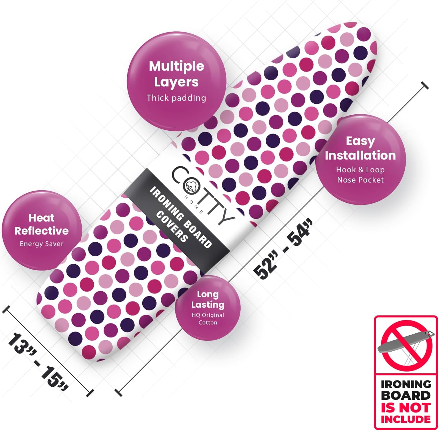 Extra Thick Ironing Board Covers with Pad Standard Size 15x54, Heat Reflective Full Scorch Resistant Padding, Snug Fit Non-Slip Nose Pocket Fastener Straps Elastic Edges, Polka Dots