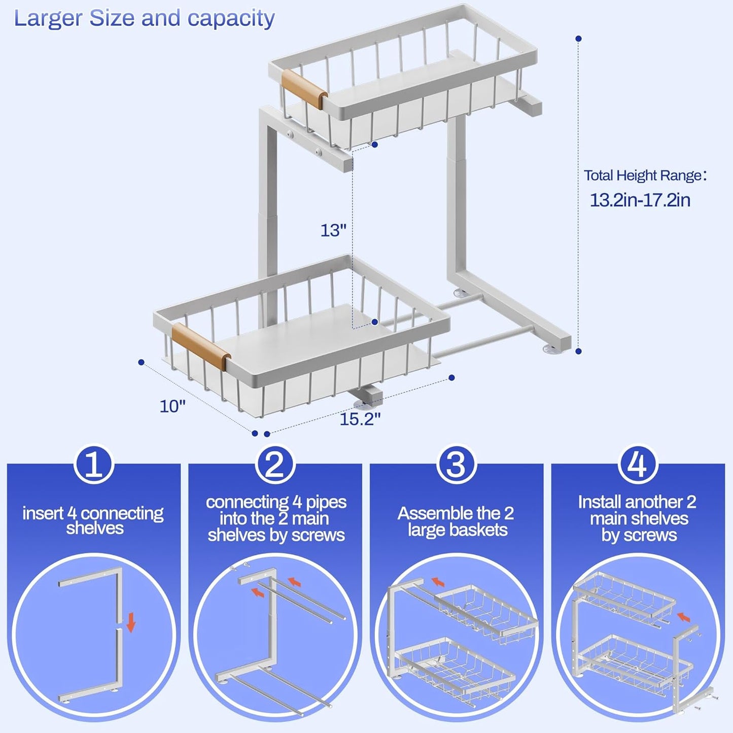 ADBIU Under Sink Organizer, 2 Pack 2 Tier Expandable Height (White, Large Size)