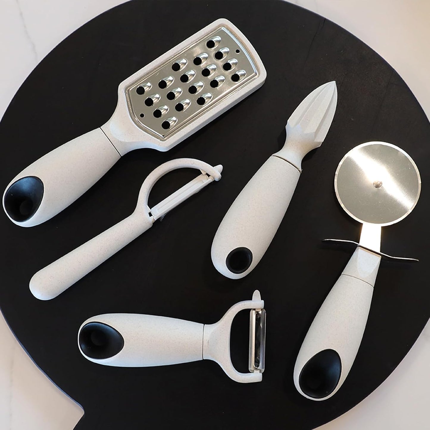 Beille 7pc Wheat Straw Complete Kitchen Utensils Set, Cream