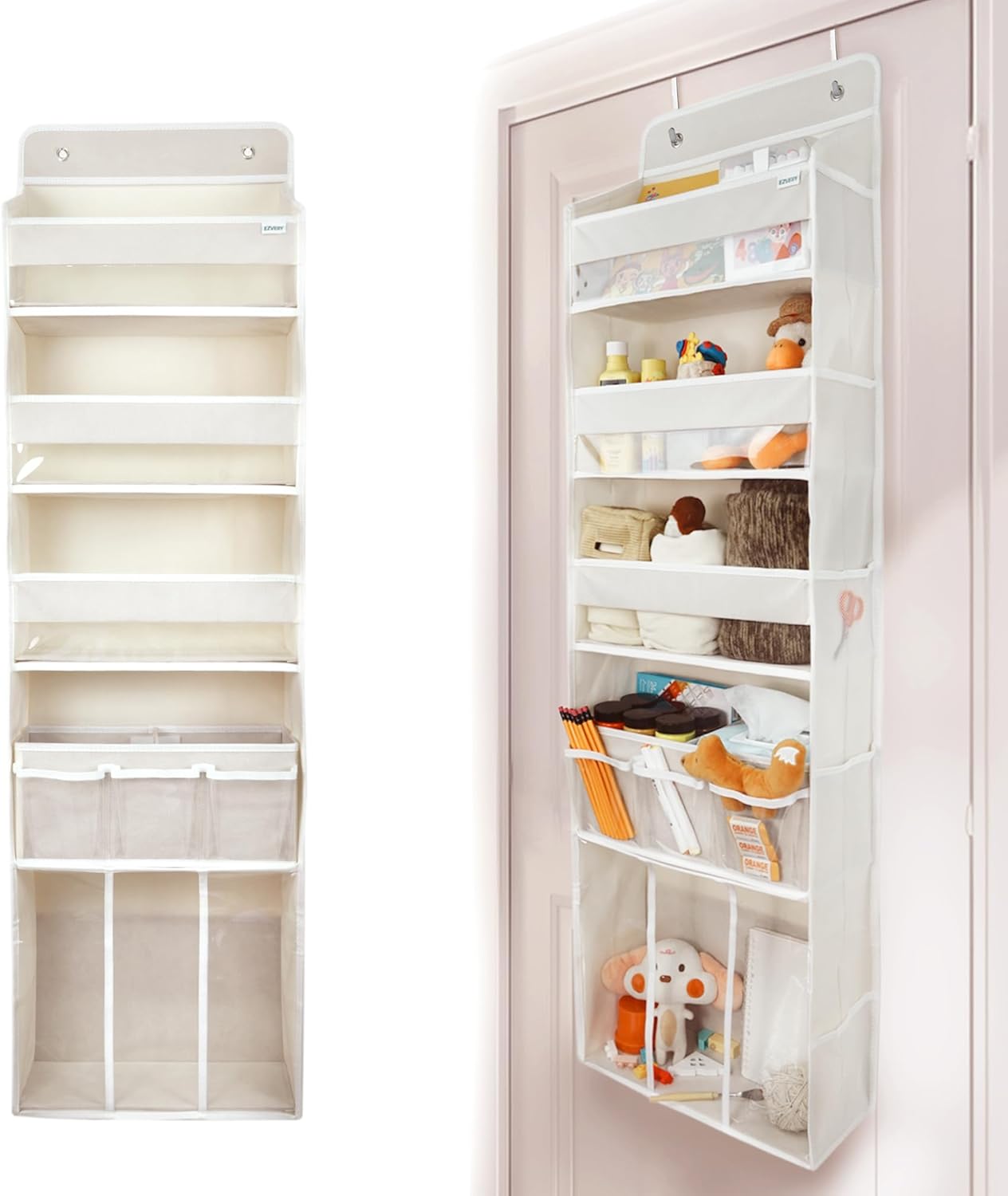 Door Hanging Storage Organizer,with 3 Bins 1 Movable Baby Diaper Caddy,1 Large capacity diaper stacking storage Organizer,10 Side Pockets ,Bedroom Door Storage for Nursery Baby Essentials. (Beige)