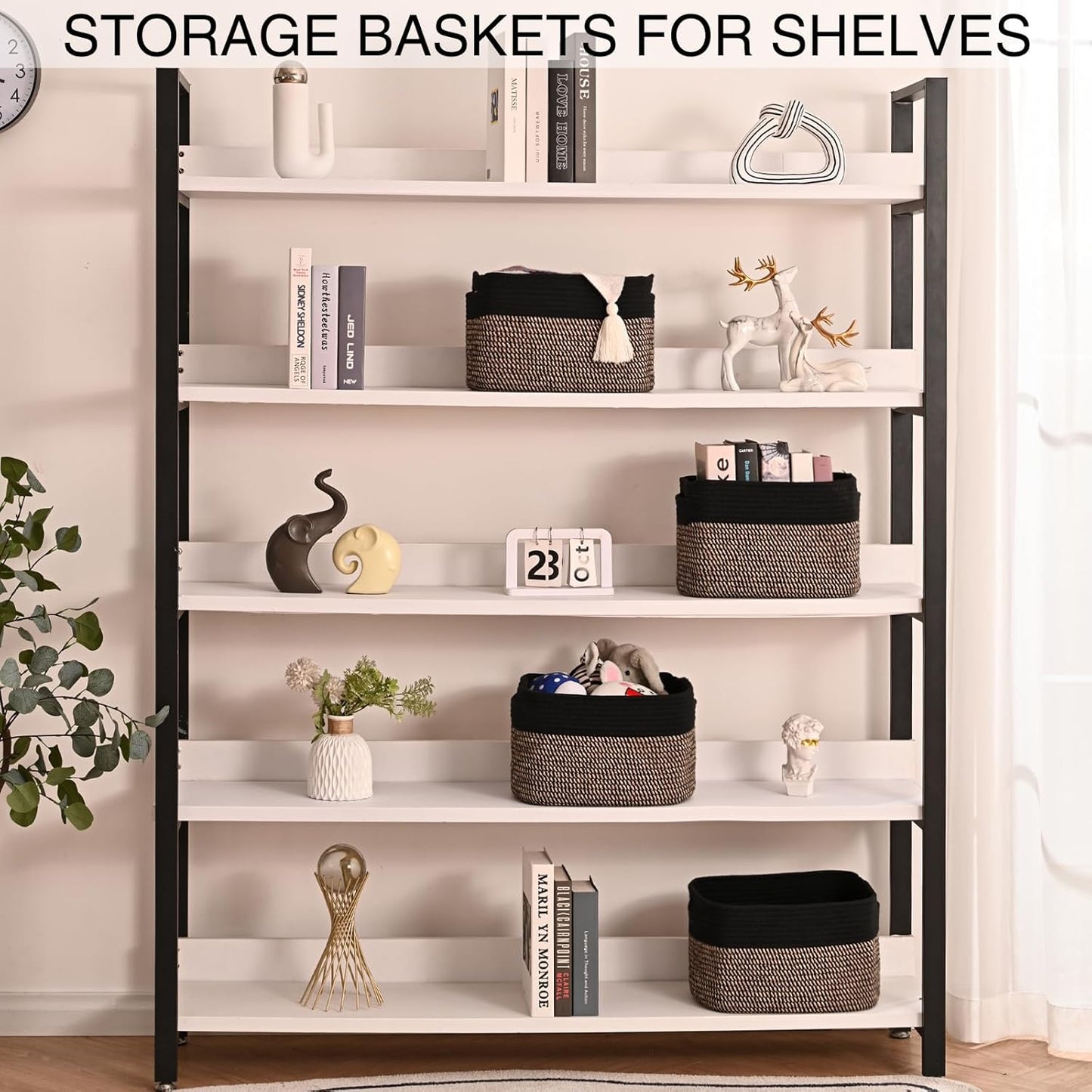 Small Storage Baskets for Organizing Shelves, Cotton Rope Basket for Storage, Cute Rectangular Book Toy Basket, 12.7"×9.1"×7.9", 4 Packs, Black & Jute