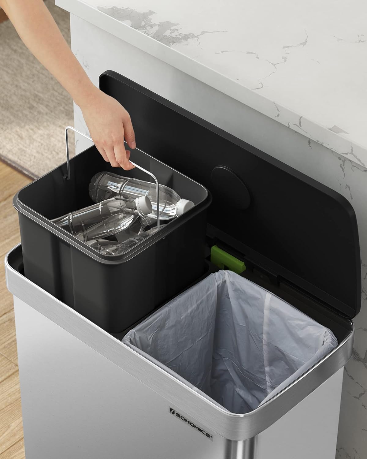 SONGMICS Kitchen Trash Can, 16 Gallon (2 x 8 Gallon) Dual Compartment Garbage Can, 60L Pedal Recycling Bin, Stays Open and Soft Close, Stainless Steel, 15 Bags Included, Metallic Silver ULTB202E01