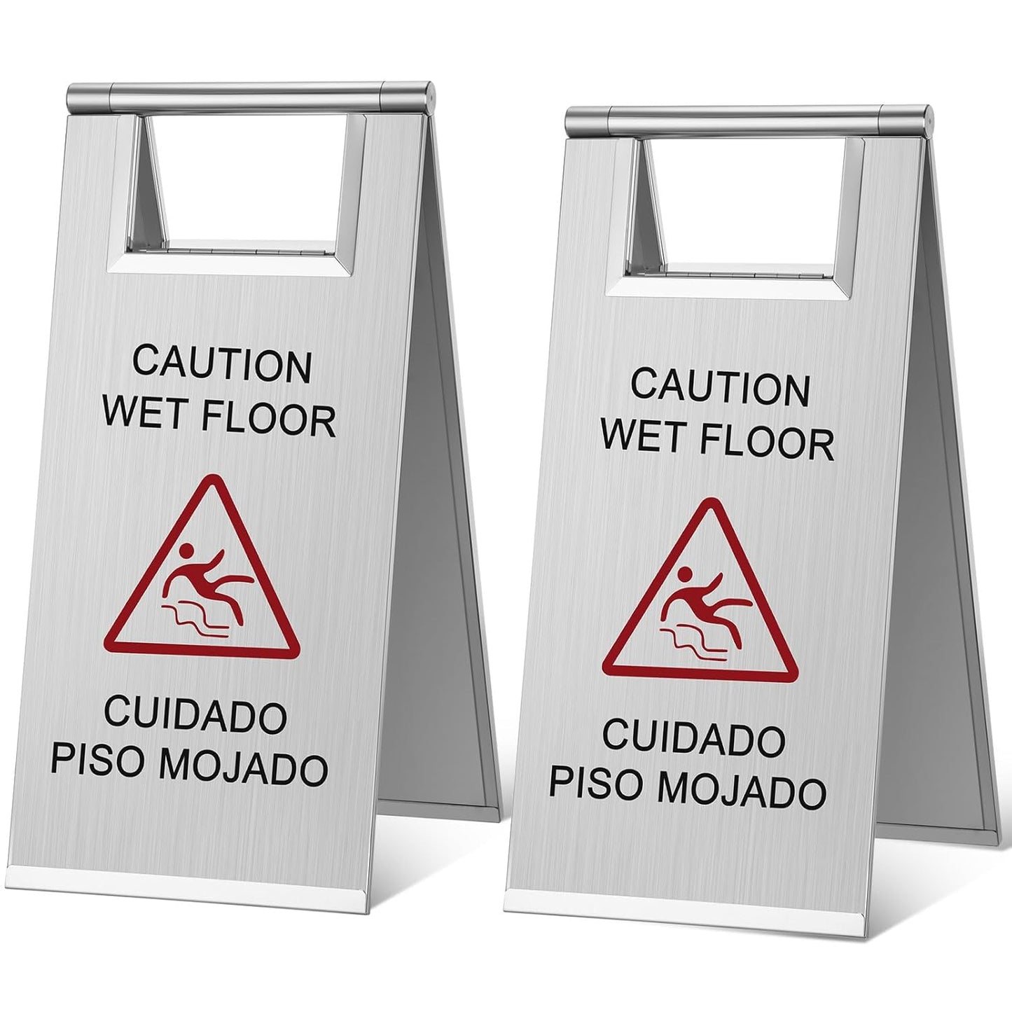 Kigley 2 Pcs Wet Floor Sign, 17 Inch Stainless Steel Caution Wet Floor Sign Double Sided Portable Foldable Bilingual Safety Warning for Hotel Market Restroom Restaurant Office (Silver)