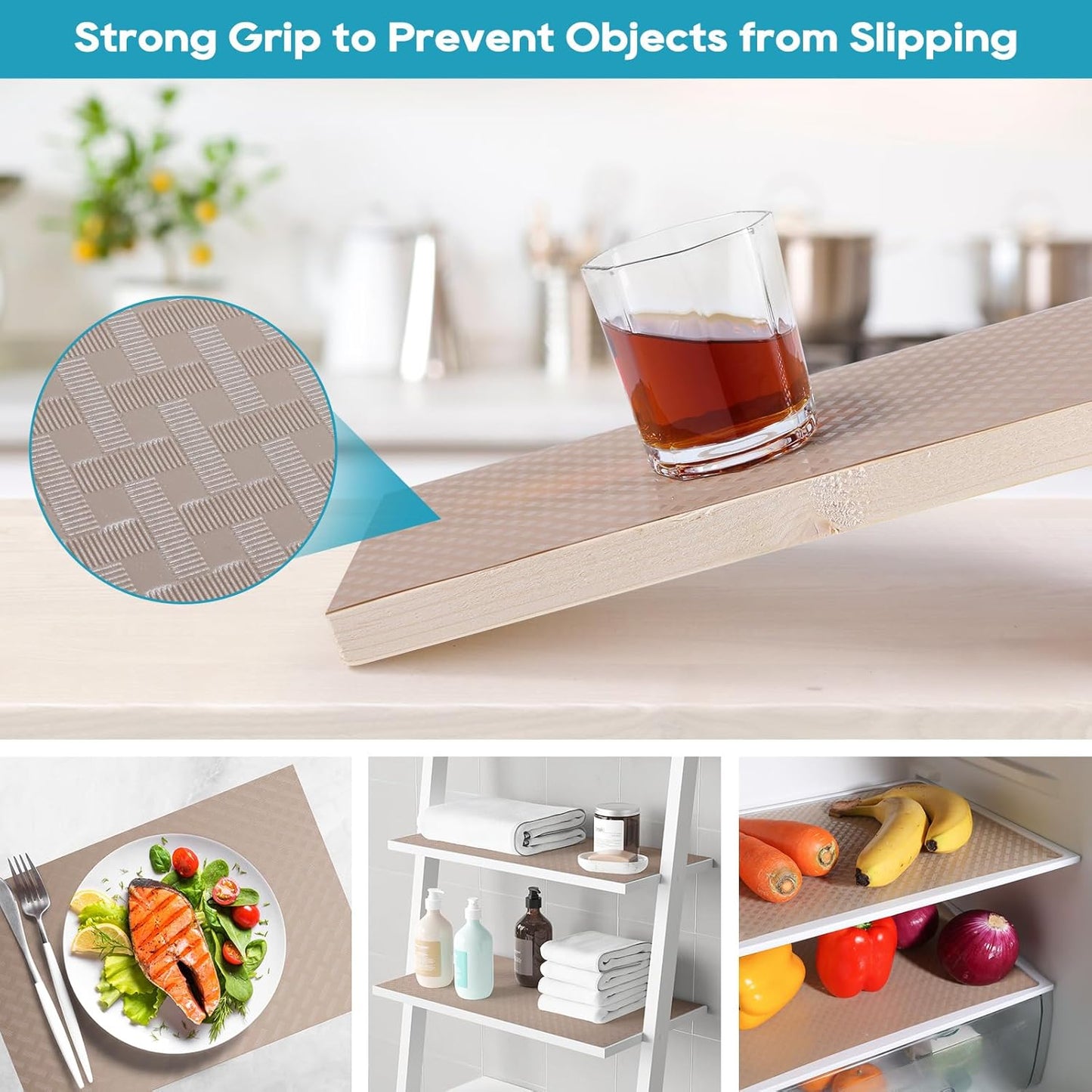 Shelf Liners for Kitchen Cabinets, Waterproof and Oil-Proof Kitchen Cupboard Liner, Refrigerator Liners and Plastic Drawer Mats EVA Non Adhesive Shelves, Fridge - Beige 17.5 x 393.7 Inches