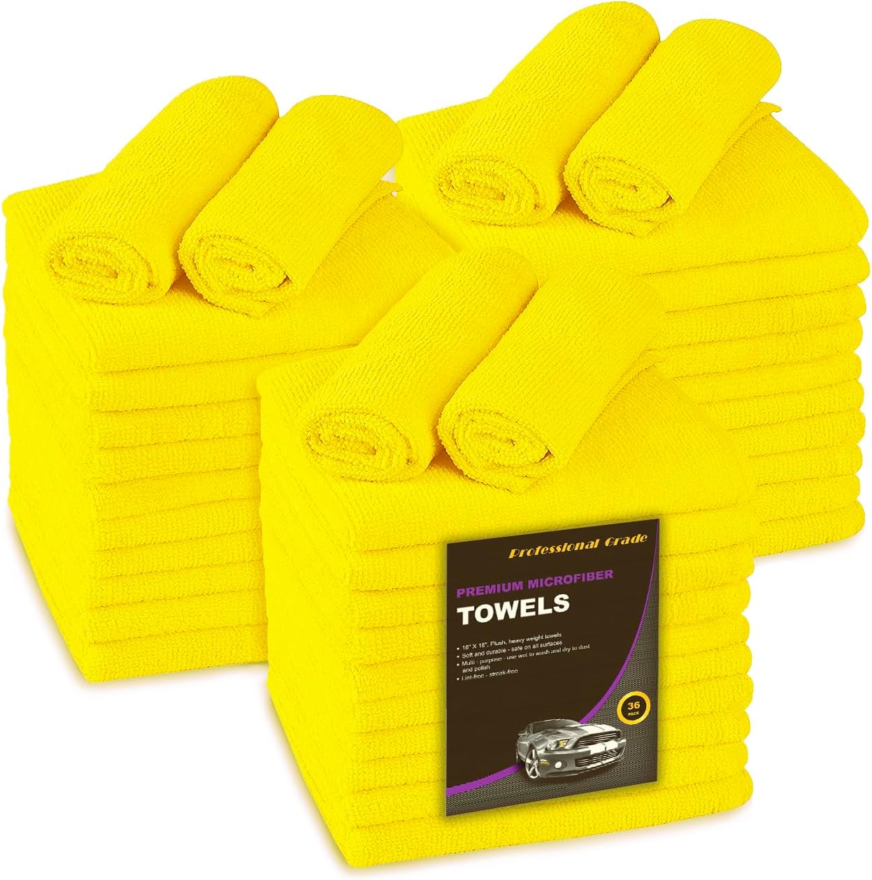 Blue Horizon Microfiber Cleaning Towels, 36-Pack, Ultra Soft Plush Washcloth, Professional Grade Premium Microfiber Detailing Cleaning Cloths, Car, Household and Commercial (Yellow, 16" x 16")