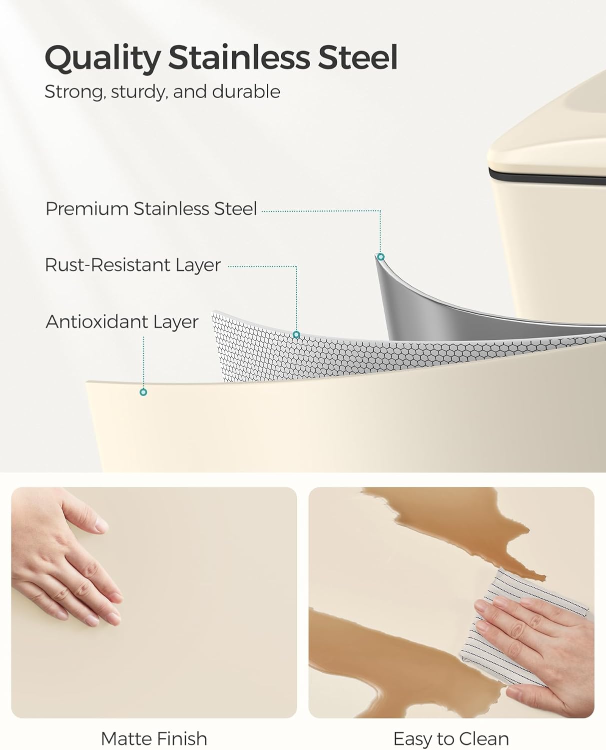 SONGMICS Slim Trash Can, 13-Gallon (50 L) Garbage Can for Narrow Spaces with Soft-Close Lid, Inner Bucket, and Step-on Pedal, Stainless Steel, 15 Trash Bags Included, Sand Beige ULTB510A01