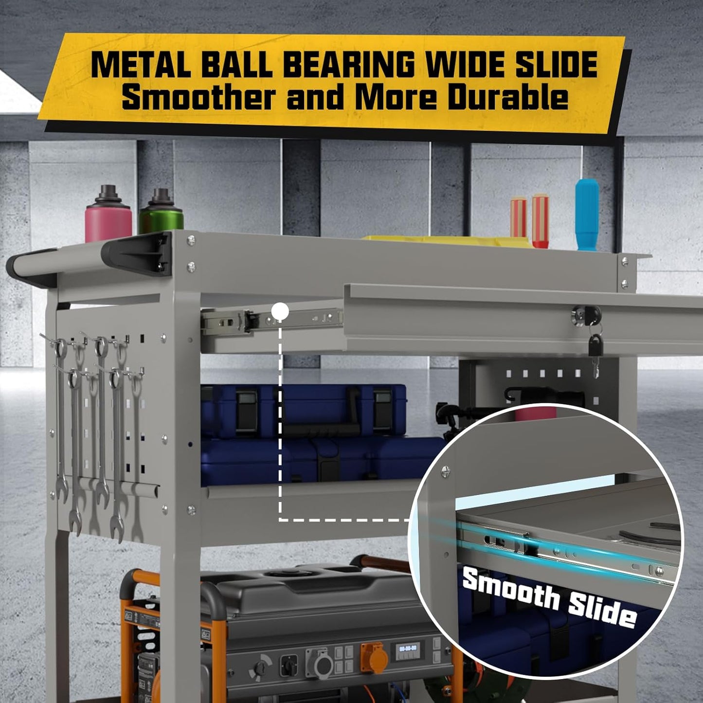 3 Tier Rolling Tool Cart with Drawers, 450 LBS Capacity Tool Cart on Wheels, Heavy Duty Rolling Utility Cart with Drawers, Rolling Utility Carts for Garage, Warehouse and Repair Shop,Gray