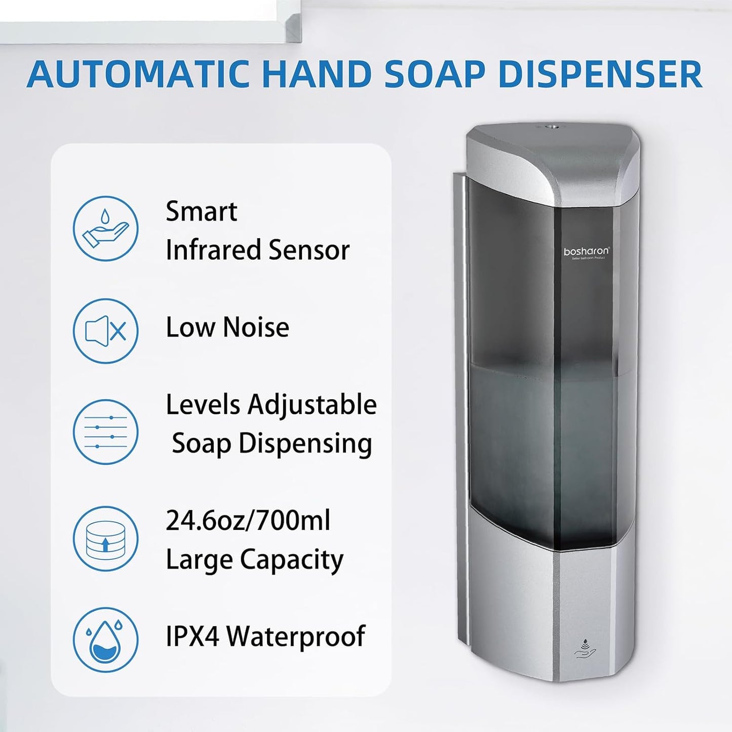 Automatic Soap Dispenser, Wall Mounted Liquid Soap Dispenser 24.6oz/700ml with Infrared Sensor, Touchless Battery Operated Hand Soap Dispenser with 3 Adjustable Soap Levels for Bathroom (Silver)