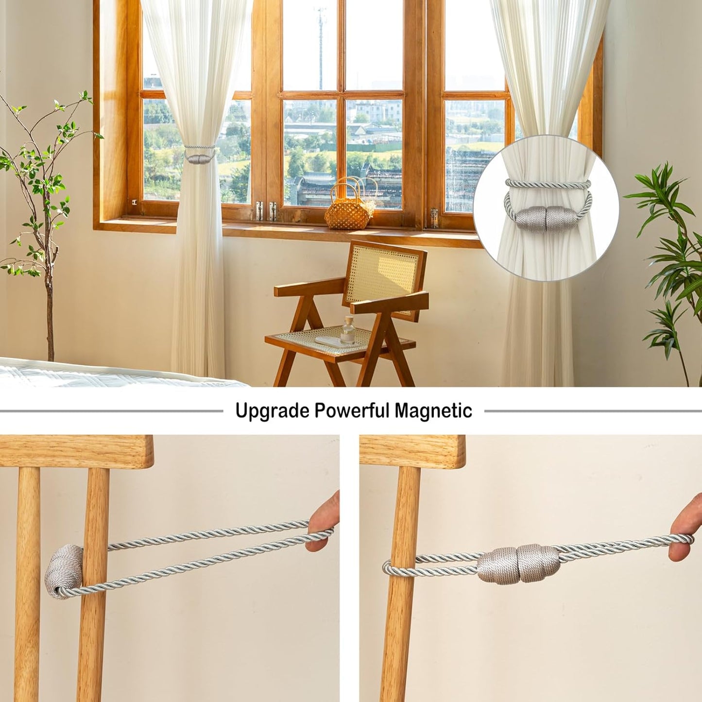 Magnetic Curtain Tiebacks - Rope Tiebacks for Curtains & Drapes, Decorative Window Holdbacks, Grey (2 Pack)