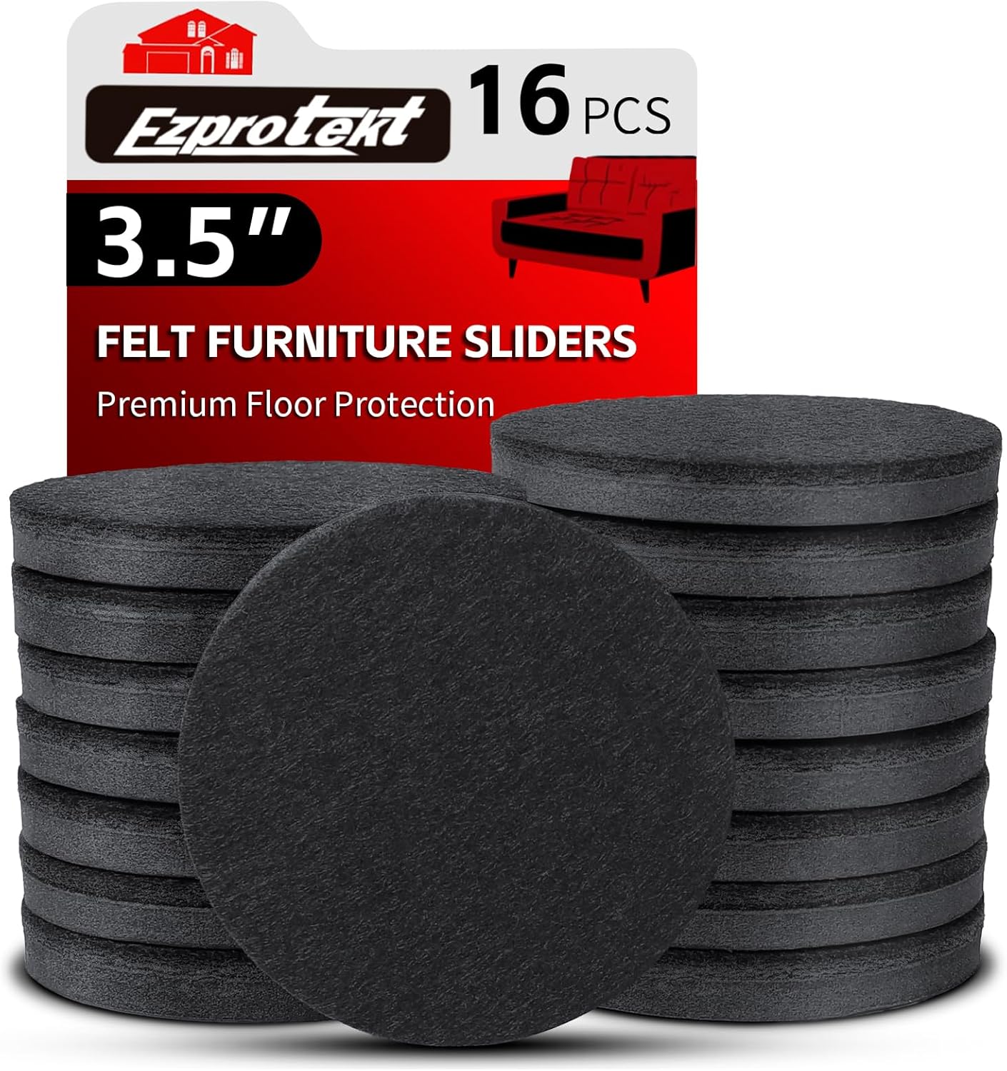 Ezprotekt 3.5" Felt Furniture Movers Sliders for Hardwood & Vinyl Floors, 16 Pcs Round Reusable Felt Furniture Moving Pads for Heavy Duty Sofa Bed Couch Cabinet, Move Items and Quickly (Black)
