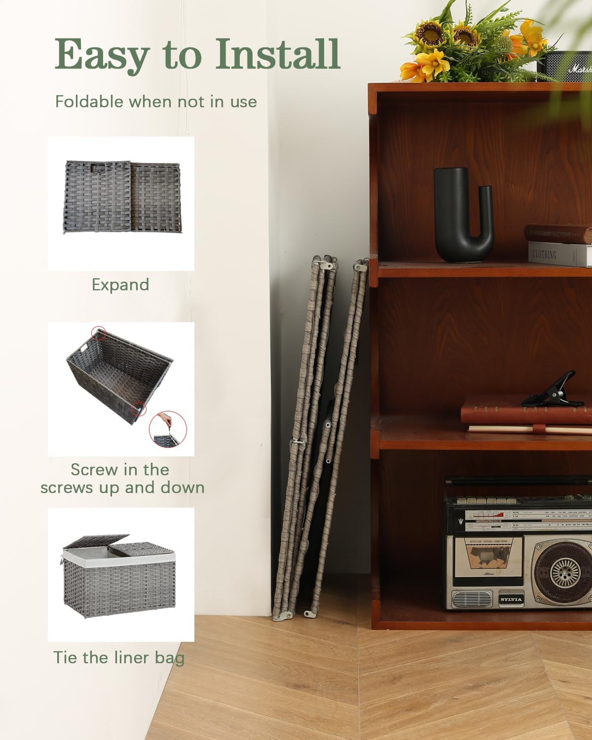 Storage Basket with Lid Rattan, Woven Storage Baskets with 2 Separate Lids, 17.2 Gallon (65 L), 22.2 x 13 x 13.8 Inches, Foldable, 2 Removable Liner Bags Handles for Bedroom, Laundry Room Gray