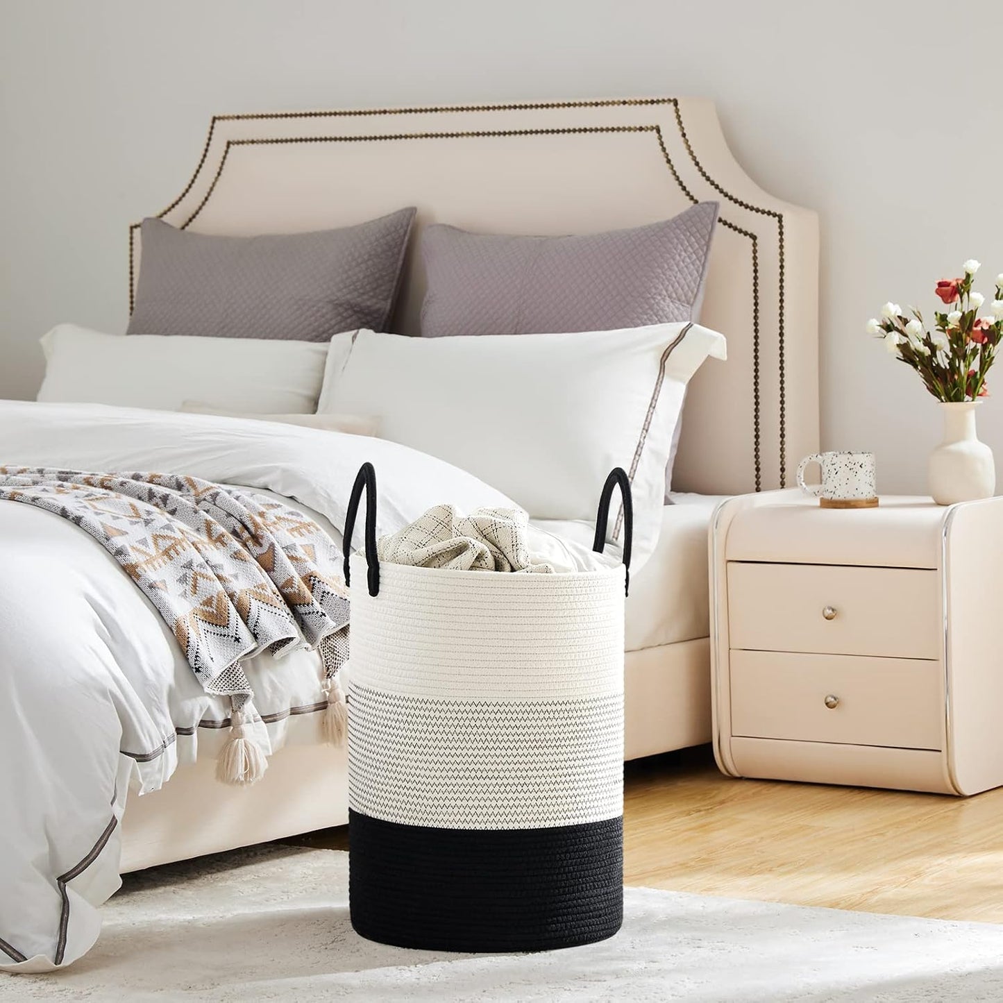 VIPOSCO Large Laundry Hamper, Tall Woven Rope Storage Basket for Blanket, Toys, Dirty Clothes in Living Room, Bathroom, Bedroom - 58L White & Black