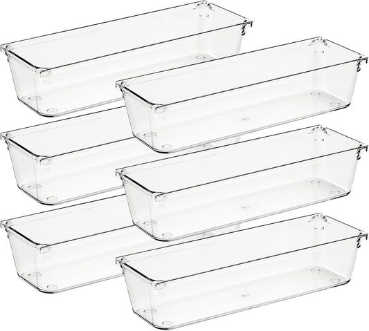 Ravinte 6 Pack Drawer Organizer - 3" X 9" Plastic Storage Bins, Acrylic Organizers with Non-Slip Pads Clear Desk Storage Tray for Makeup, Jewelries, Kitchen Utensils, Bathroom and Office