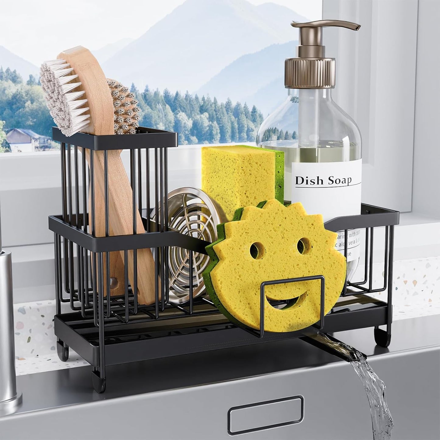 Maifan Kitchen Sink Caddy Organzier Sponge Holder for Kitchen Sink with High Brush Holder, Stainless Steel Rustproof Dish and Smiley Holder for Storage Countertop Essentials Accessories